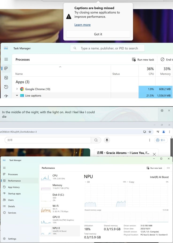 在此AI PC使用Live Captions時，在過程中消耗了大量的CPU、NPU和RAM，導致風扇運轉並最終停止生成字幕