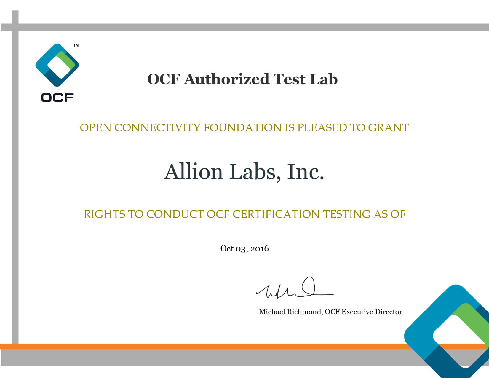 Allion OCF ATL Certificate 